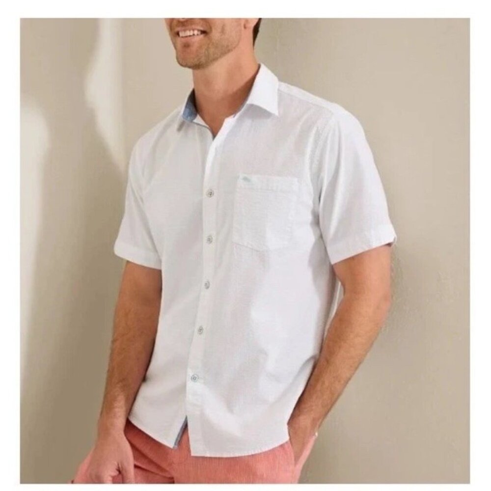 Tommy Bahama Men’s Size 2XL Short Sleeve Seersucker NOVA WAVE Camp Shirt White